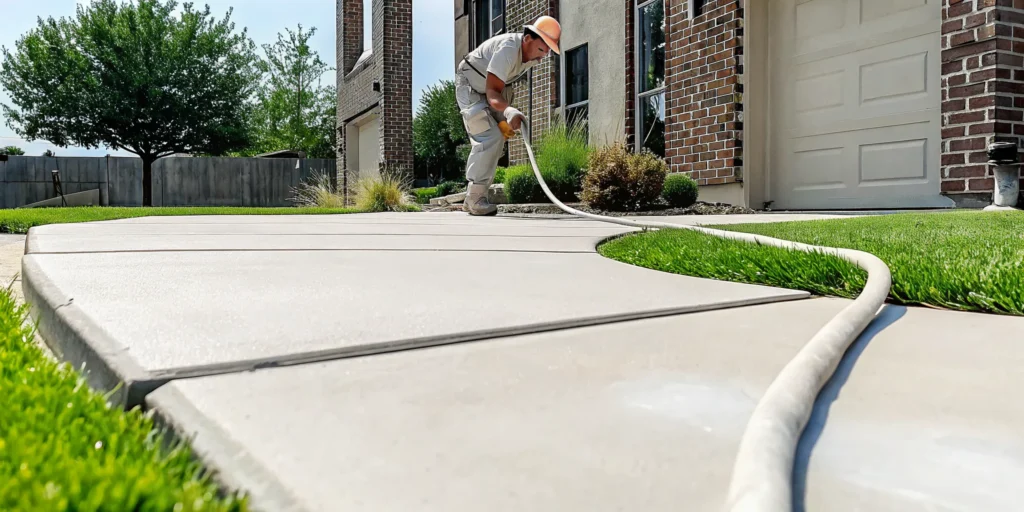 A technician leveling a concrete driveway in Allen using specialized injection equipment.