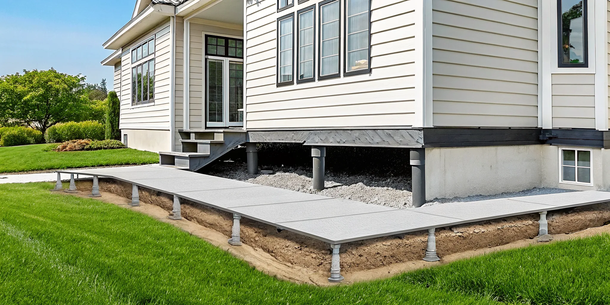 Foundation settlement repair using steel piers to stabilize a home's foundation.