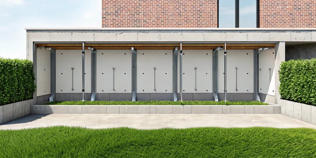 Foundation wall anchor installation in progress to repair and stabilize a bowing wall.