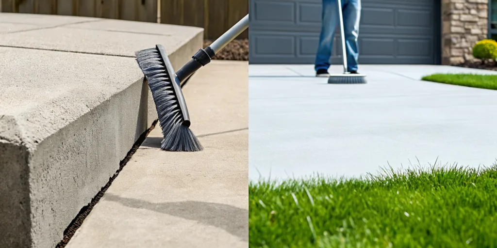 Preparing a cracked garage floor for repair by sweeping it clean.