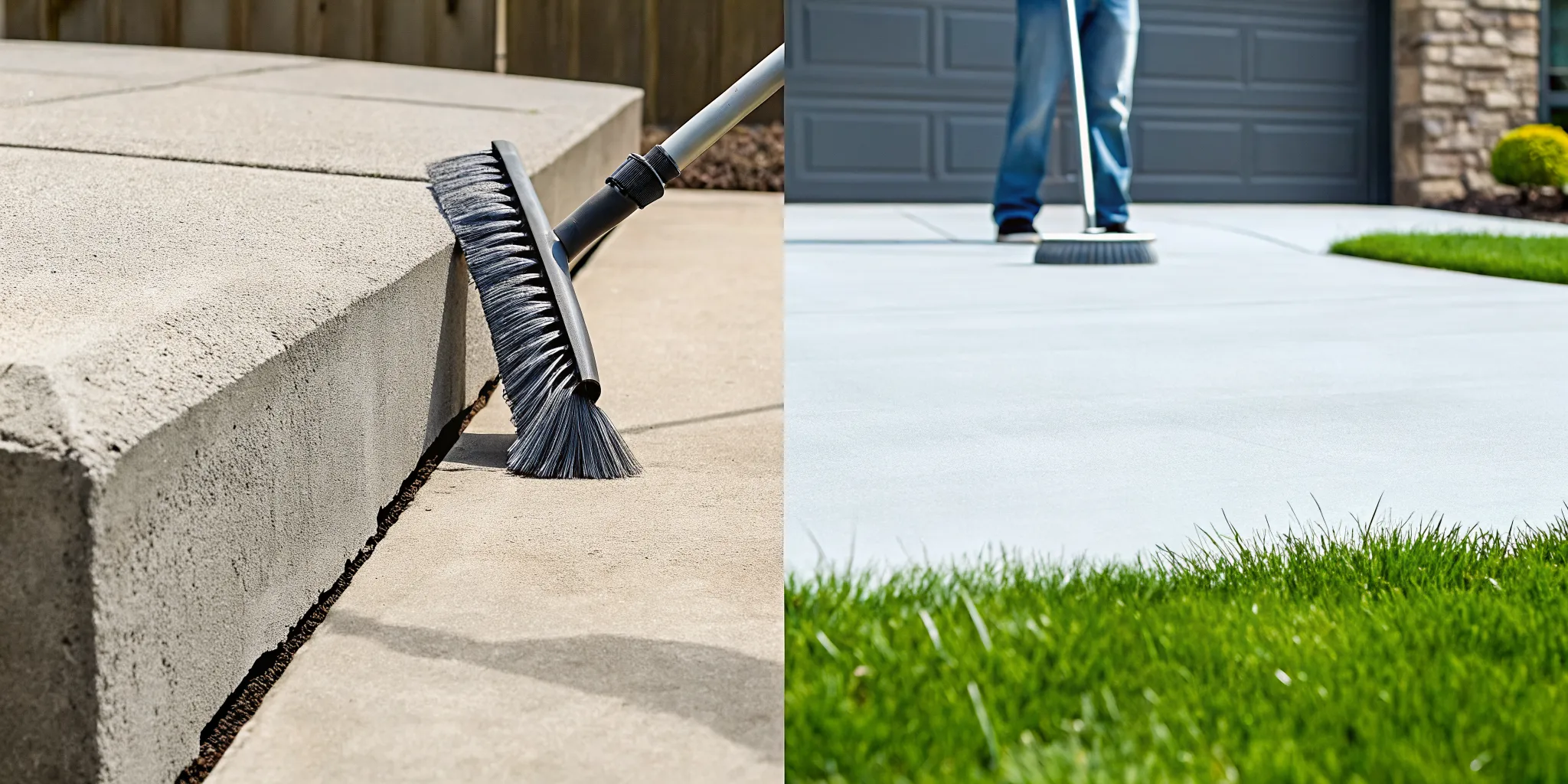 Preparing a cracked garage floor for repair by sweeping it clean.
