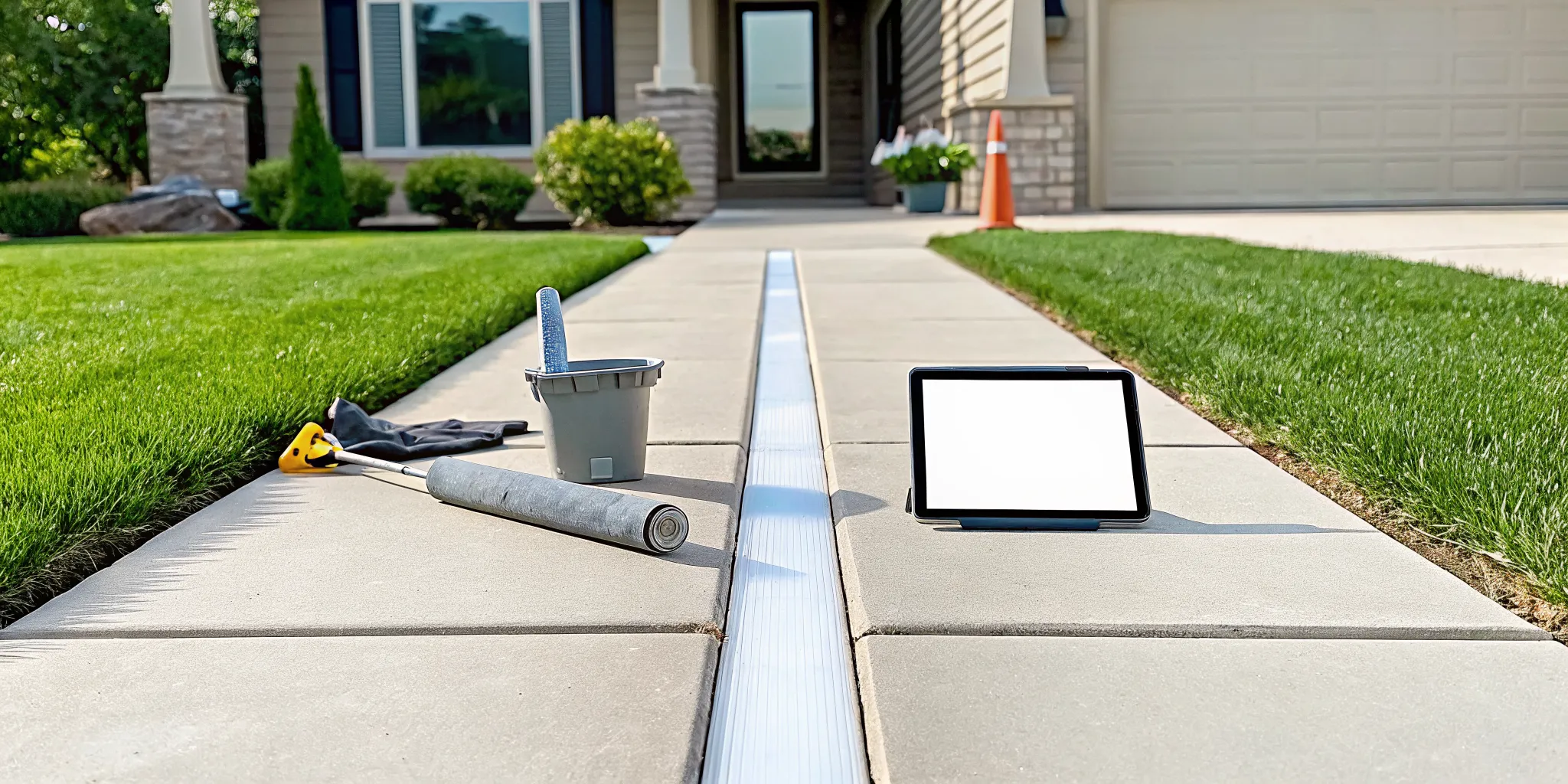 A cracked concrete driveway with tools and a tablet used to estimate the repair cost.