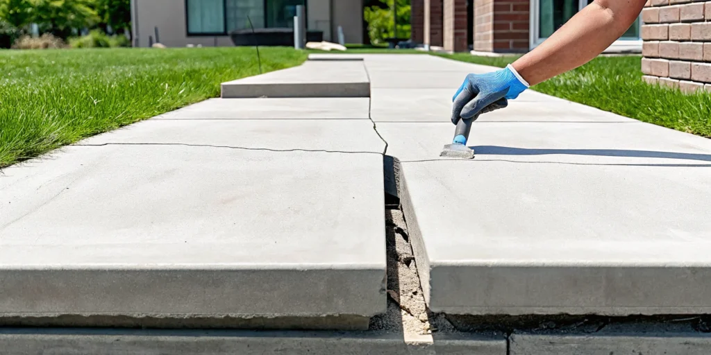 Filling large cracks in a concrete sidewalk with repair tools and gloves.