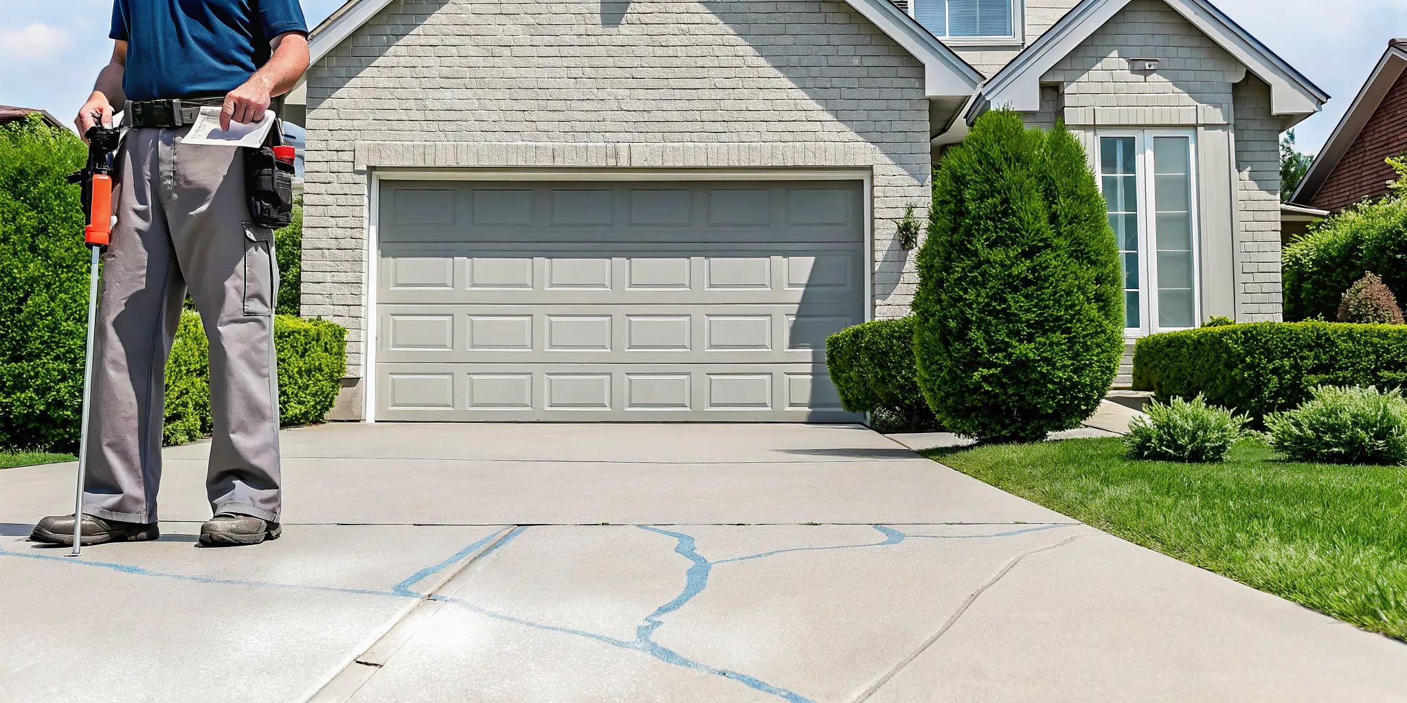 A contractor inspects a cracked driveway to get a repair quote.