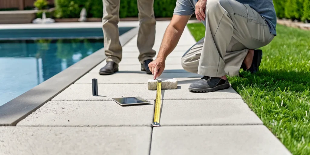 A contractor measures a pool deck to get a quote for repair.