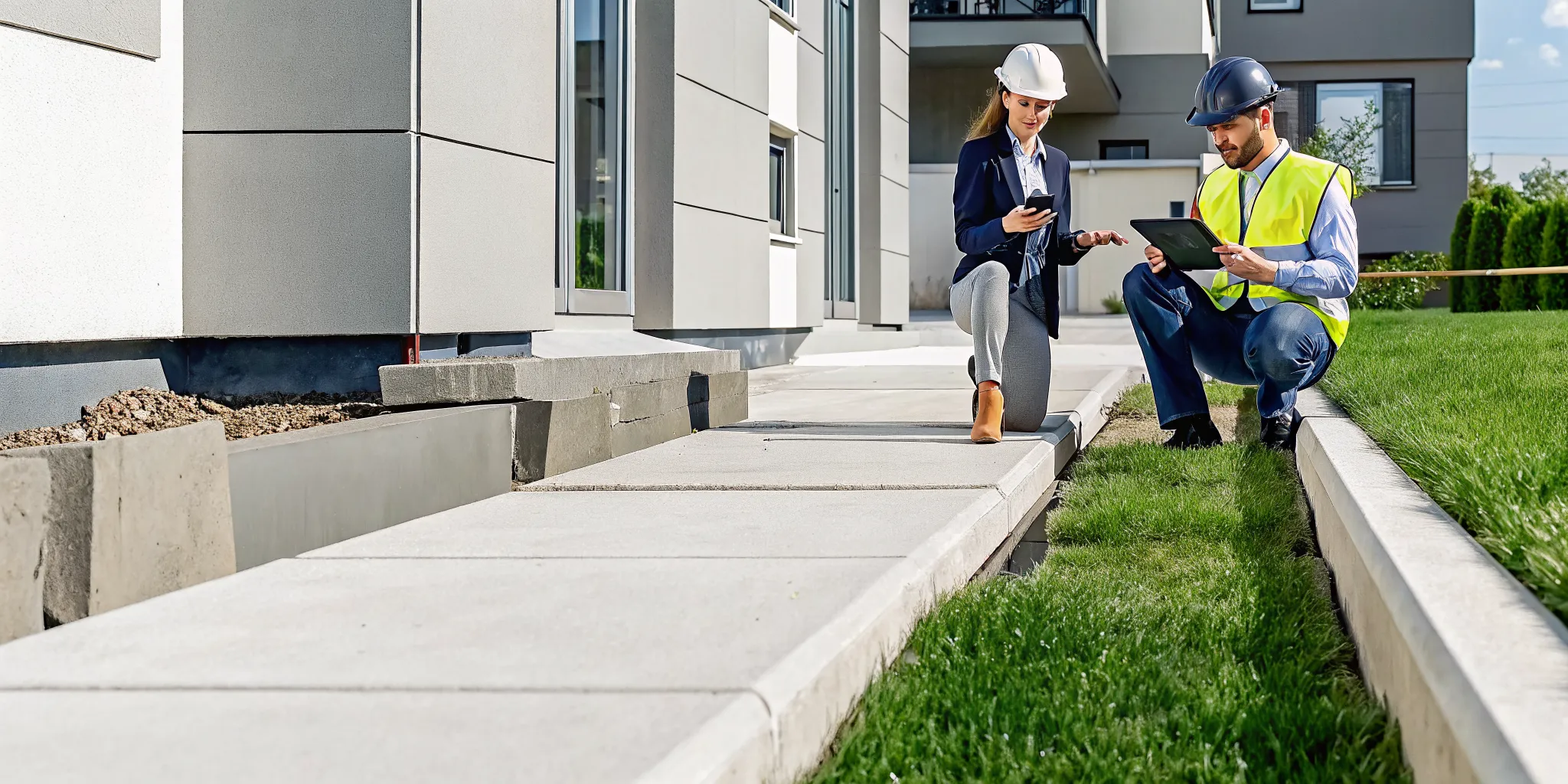 Two professionals inspect a home's foundation to determine if the repair is covered by insurance.
