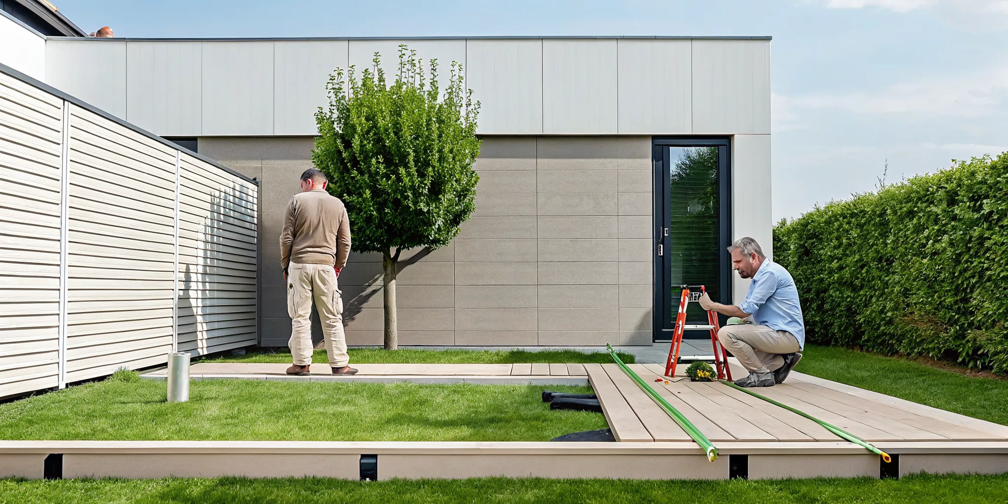 Contractors assessing a sinking deck for a structural floor repair.