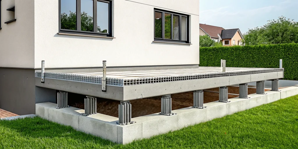 Foundation underpinning with steel supports and a concrete base beneath a home.