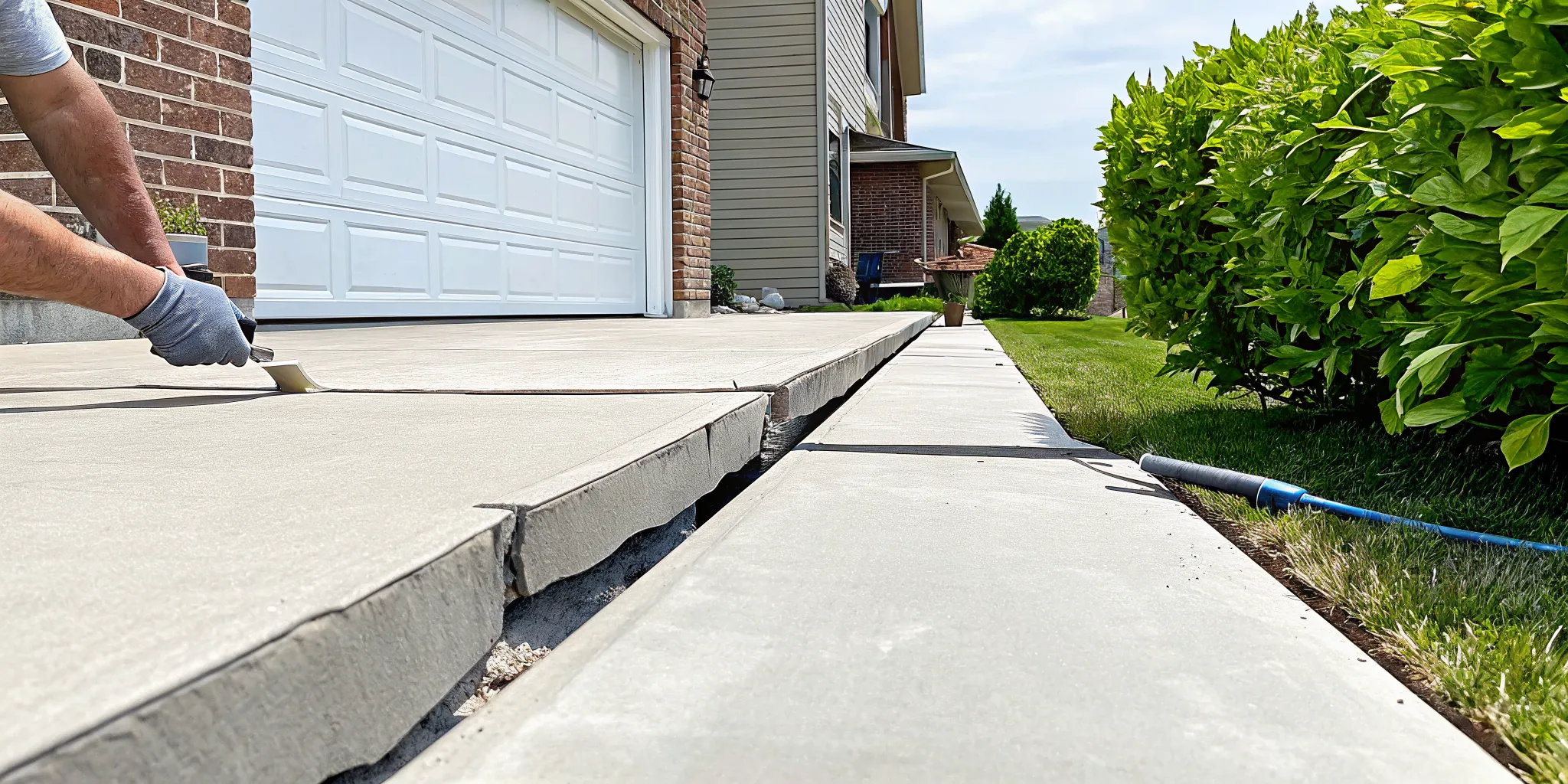 Applying sealant to a large crack during a concrete driveway repair.