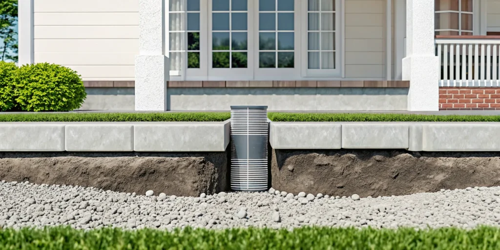 Helical piles providing foundation support for a home by transferring the load to stable soil.