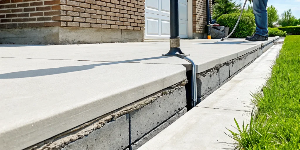 Polyurethane slab jacking lifts a sunken concrete patio near a house foundation.