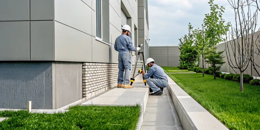 Foundation repair service contractors inspecting a home's foundation for structural damage.