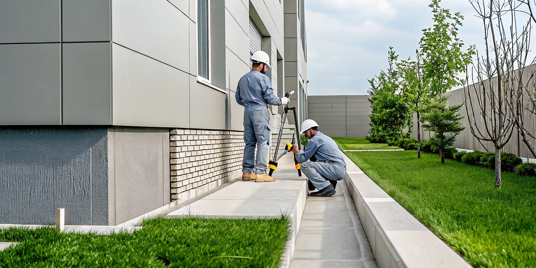 Foundation repair service contractors inspecting a home's foundation for structural damage.