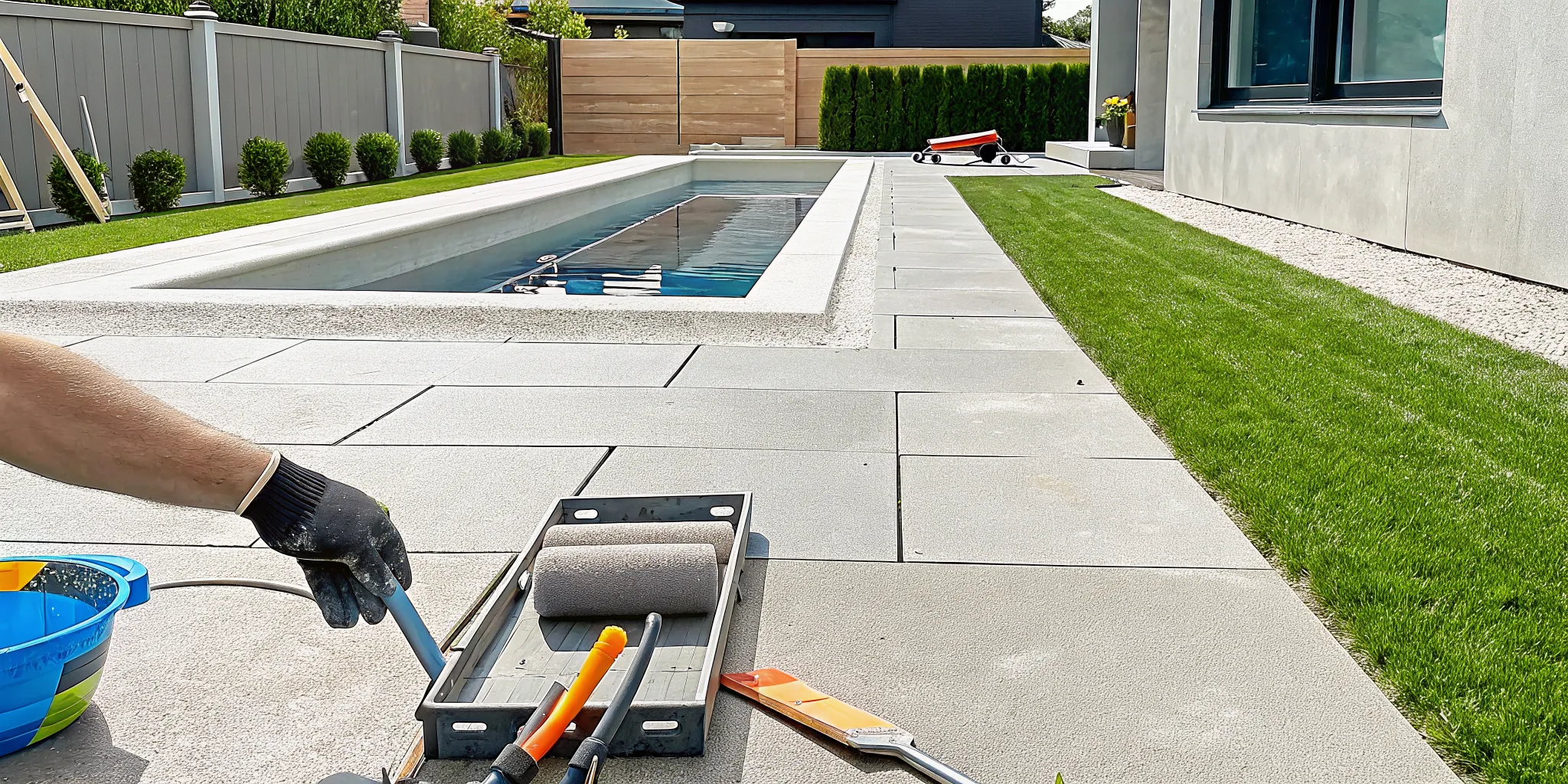 A concrete pool deck being resurfaced, a key factor in the project's final cost.