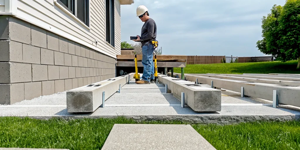 A contractor inspects a pier and beam foundation repair on a home's exterior.
