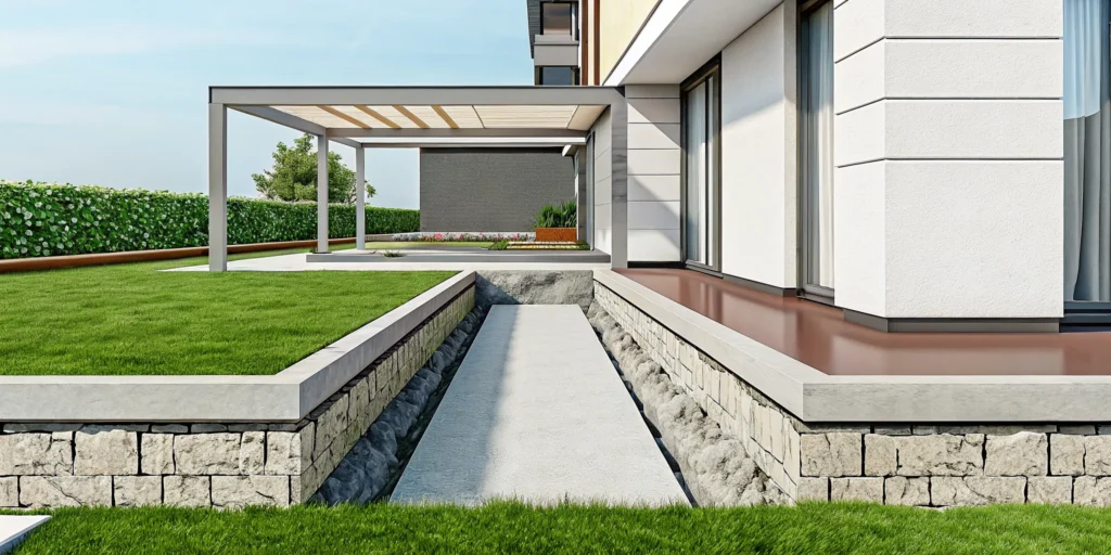Elevated pile foundation of concrete and stone supporting a modern home.