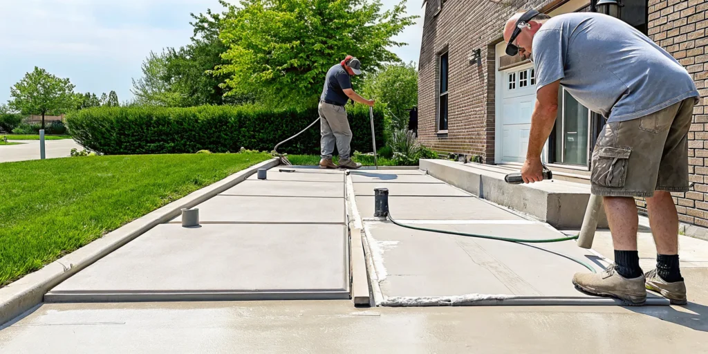Concrete raising professionals leveling a sunken residential driveway.