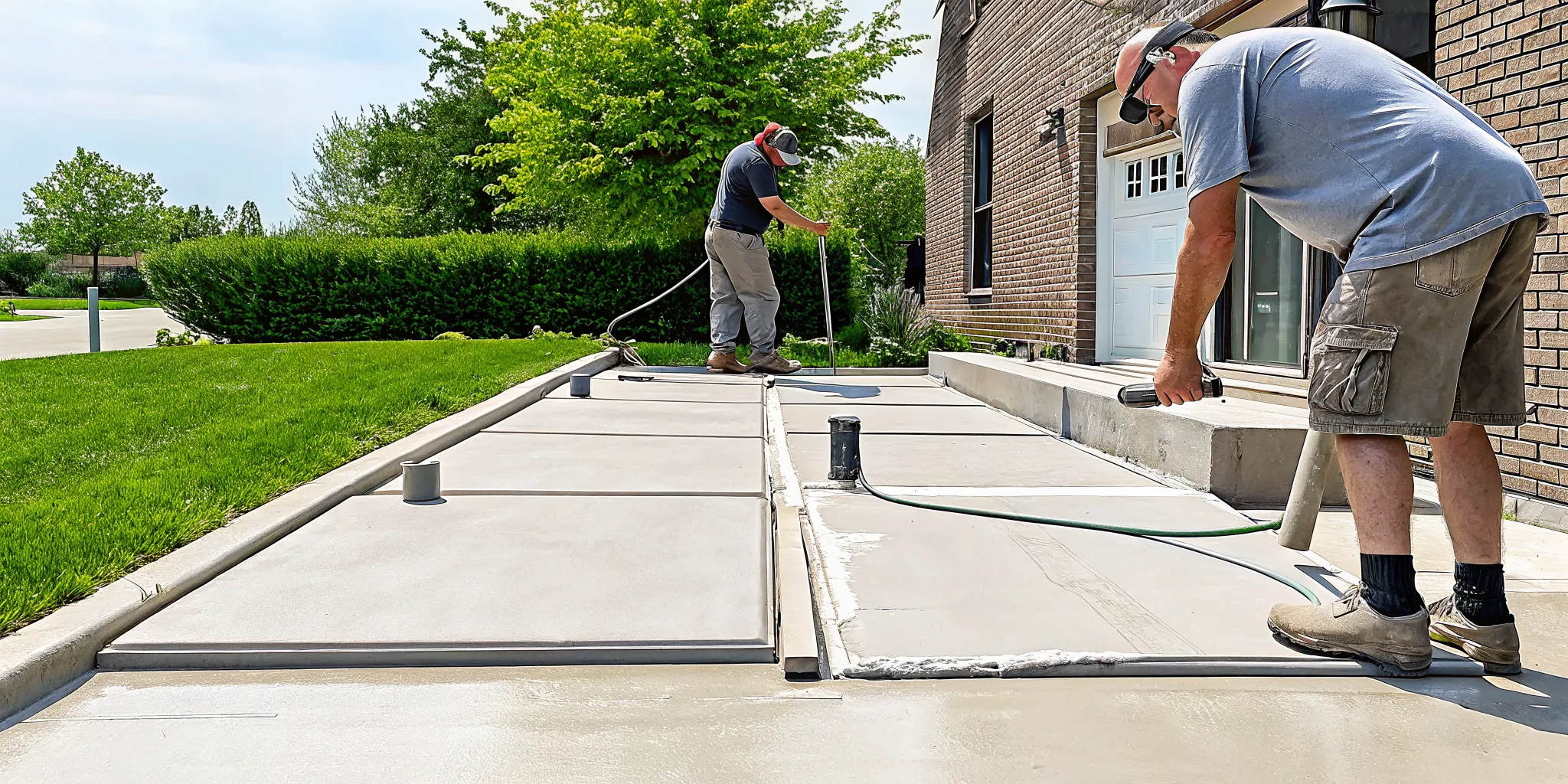 Concrete raising professionals leveling a sunken residential driveway.