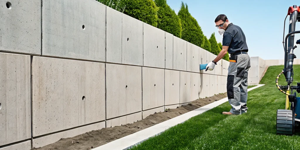 Worker inspecting a concrete basement wall crack before starting the repair.