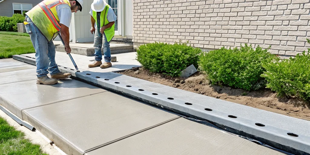 Workers performing mudjacking to level a sunken concrete sidewalk next to a house.