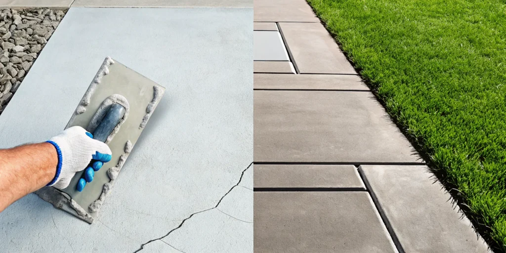 A cracked concrete walkway being repaired to a smooth, finished surface.