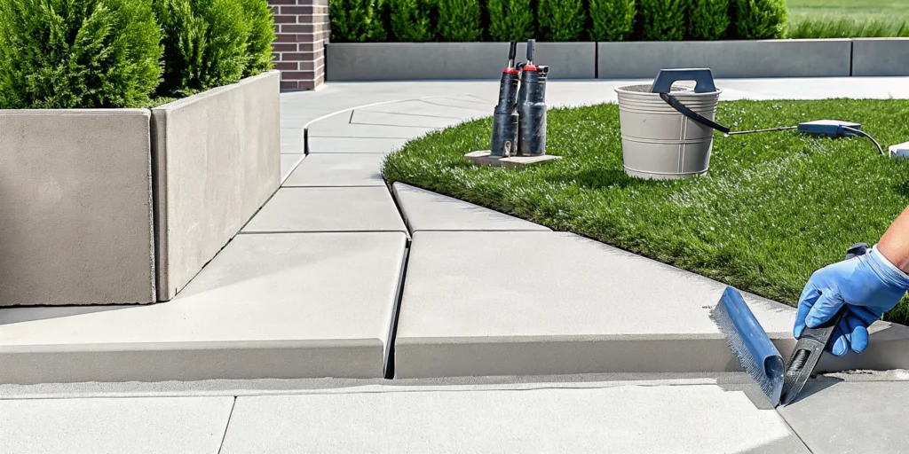 Repairing a cracked concrete patio with sealant and hand tools.