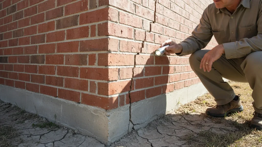 Dallas homeowner inspecting foundation cracks near a brick home slab edge