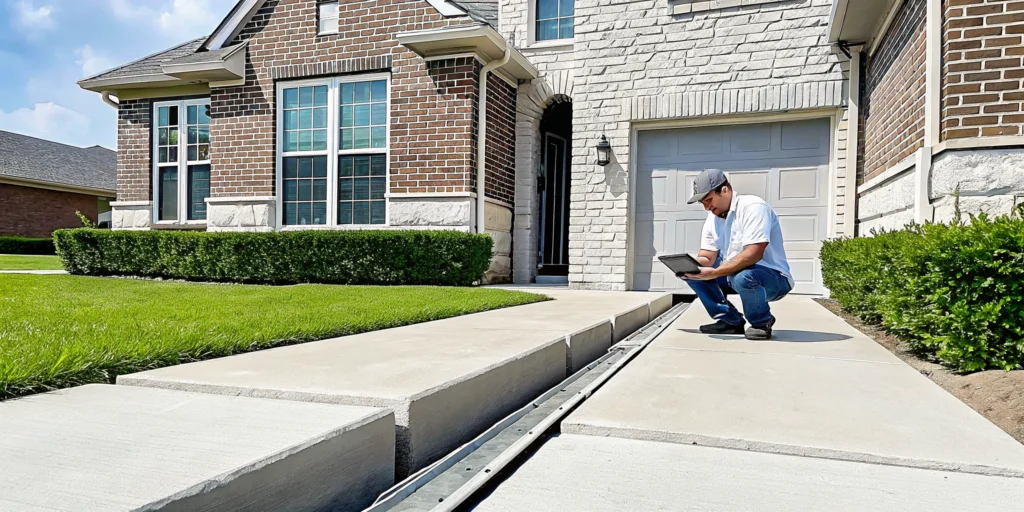 Foundation repair expert inspects a cracked concrete slab foundation in Dallas.