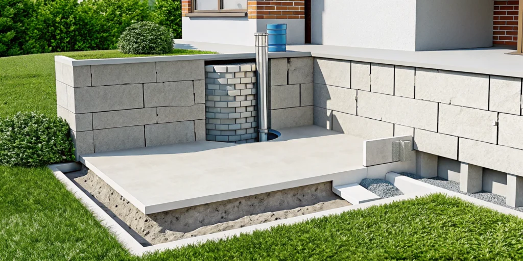 Exterior foundation wall with waterproofing membrane and drainage system.