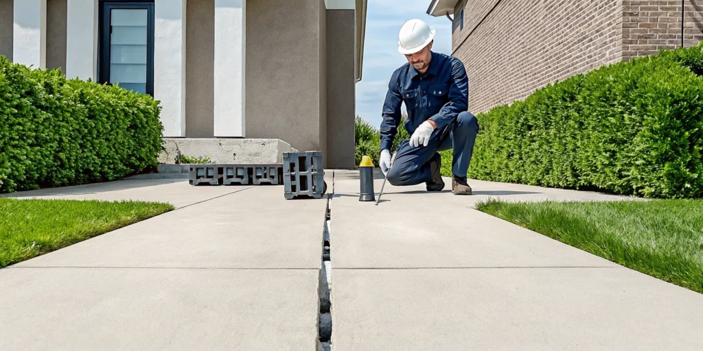 A professional providing the best concrete crack repair service on a damaged sidewalk.