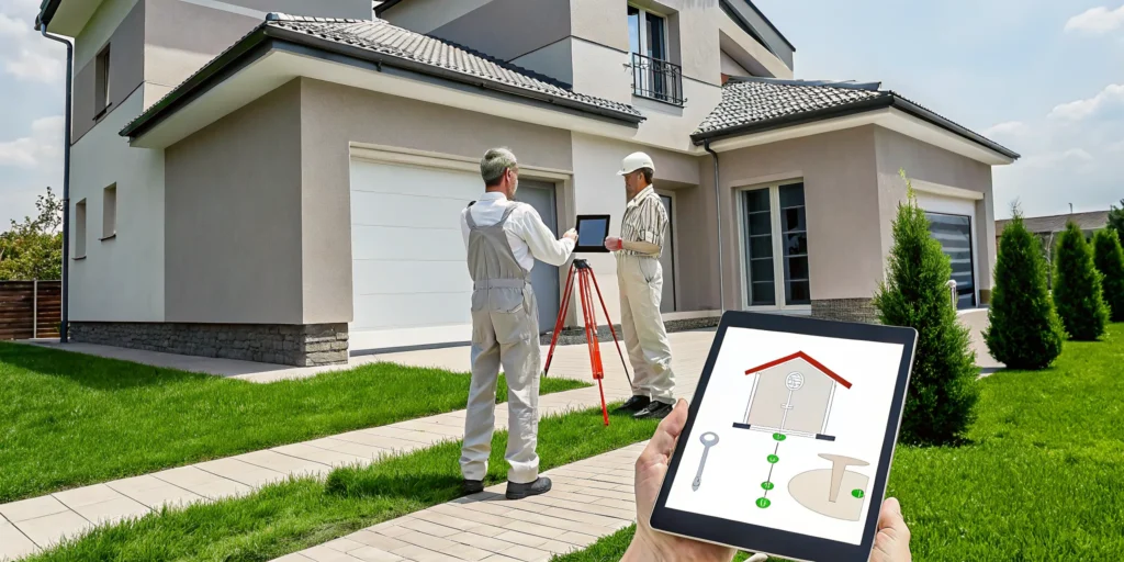 Two contractors inspect a house foundation to get a quote for house underpinning.