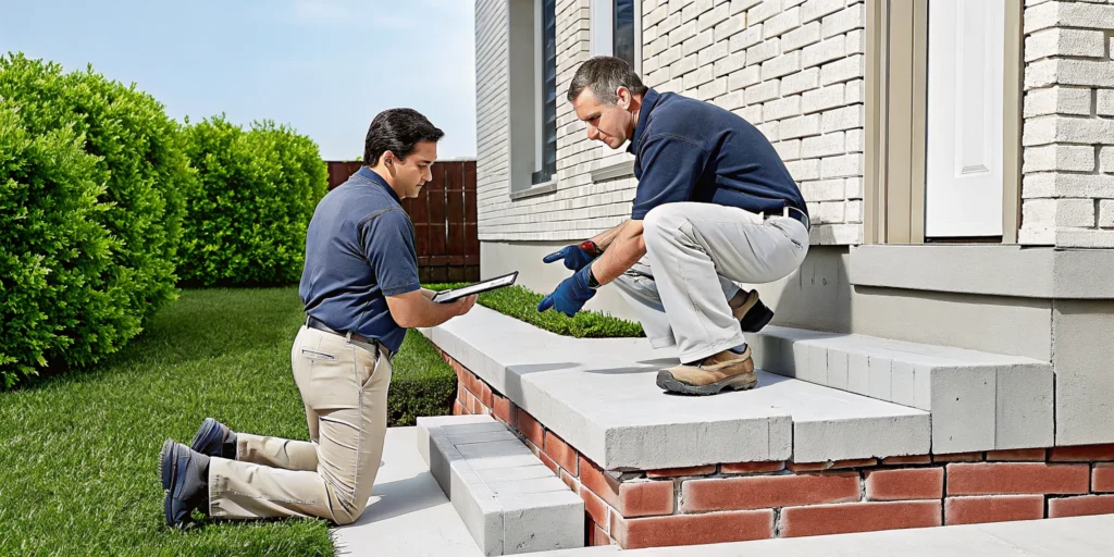 A foundation repair company in Denton inspects home steps for signs of damage.