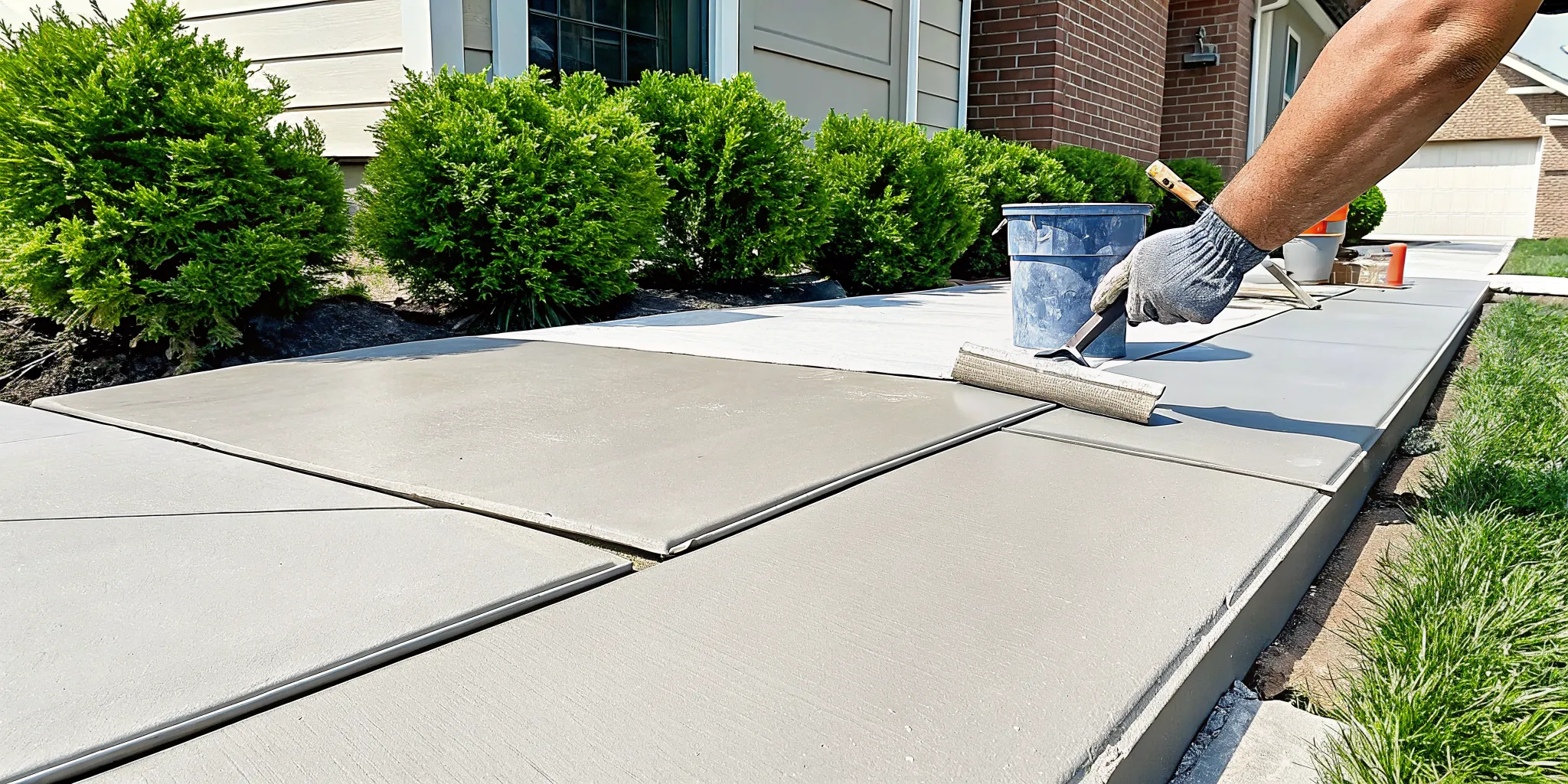 Applying filler to repair a cracked concrete driveway for a smooth finish.