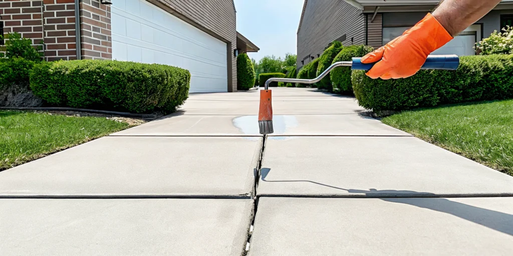Applying filler with a brush to repair a cracked concrete driveway.
