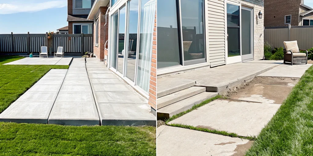 Before and after view of a concrete patio leveled by a professional lifting service.