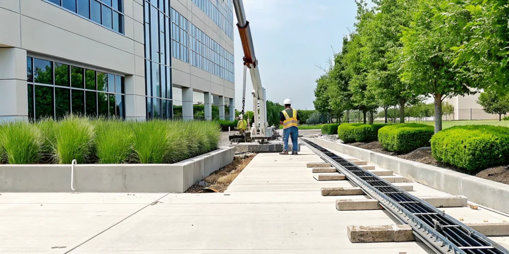 A crew performs commercial foundation repair on a business building in Plano.
