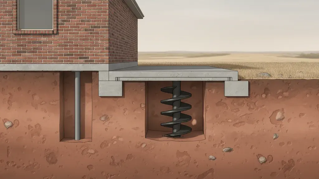 Push piers vs helical piers shown below a North Texas home foundation in clay soil