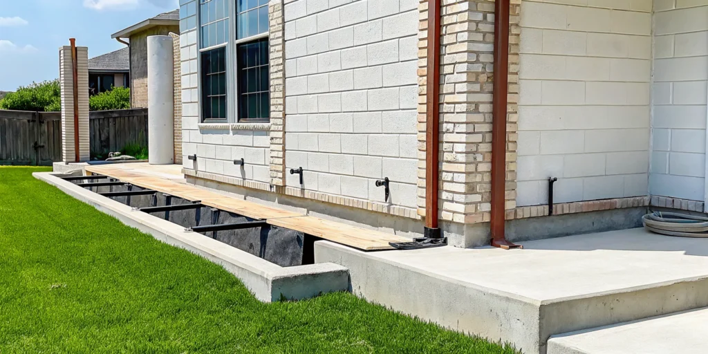 Residential foundation repair for a Dallas home showing an exposed concrete slab and support piers.