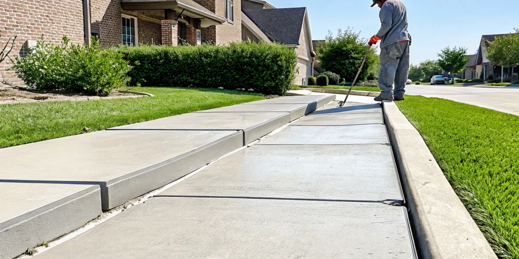 A contractor leveling an uneven sidewalk in Dallas to fix a dangerous trip hazard.