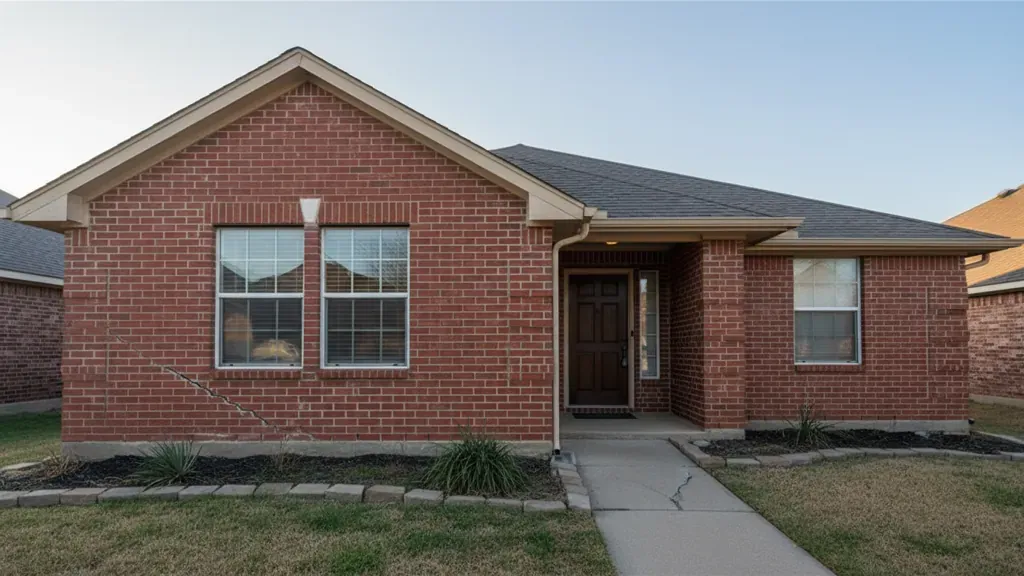 Signs of foundation problems on a Dallas brick home, including exterior cracking near a window