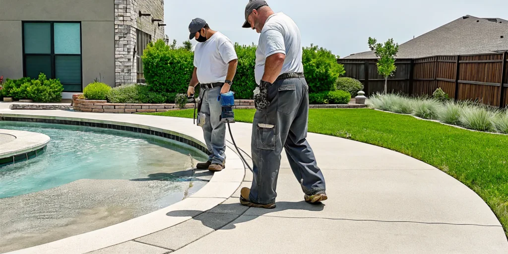 Workers leveling a sunken concrete pool deck with polyurethane foam in Denton.