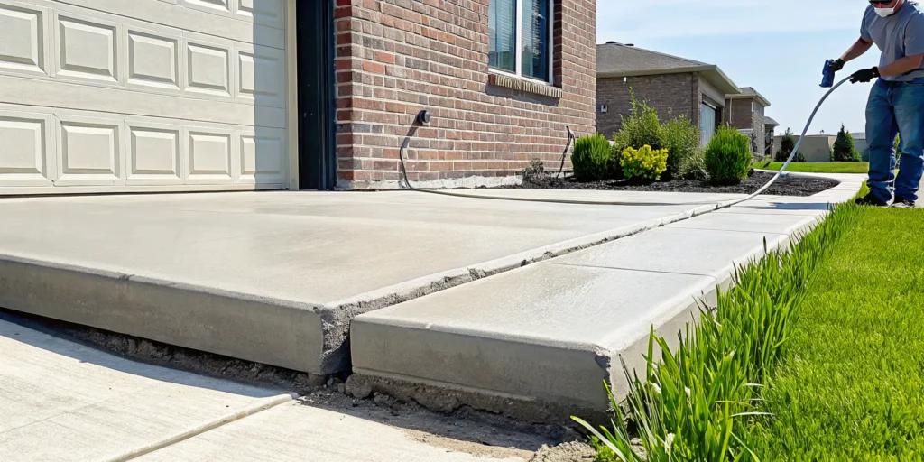 Repairing a sinking concrete driveway with uneven and cracked slabs.