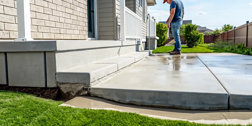 Uneven concrete slab of a sinking patio requiring repair.