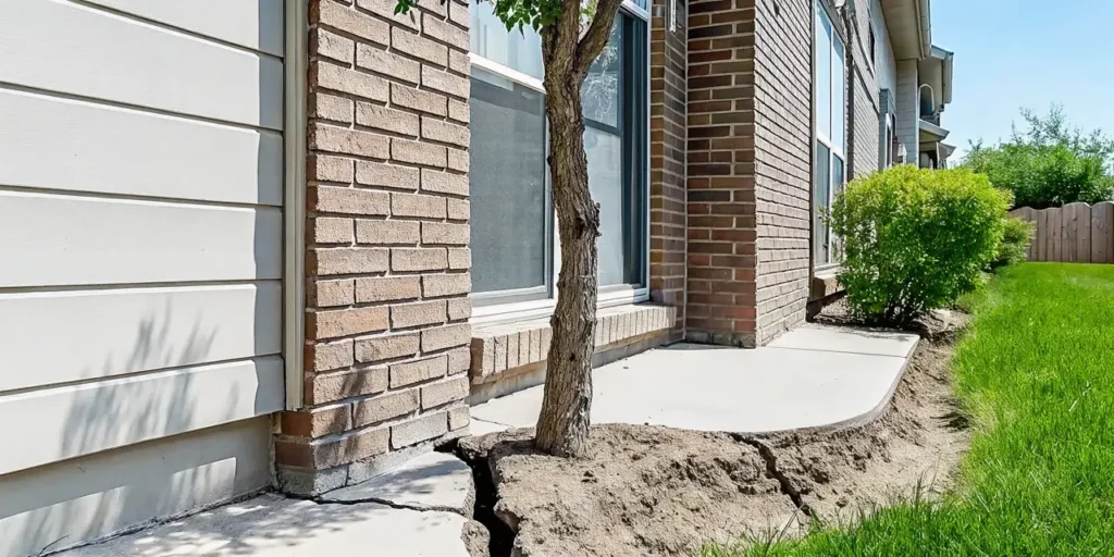 Mature tree beside a North Texas home with dry clay soil
