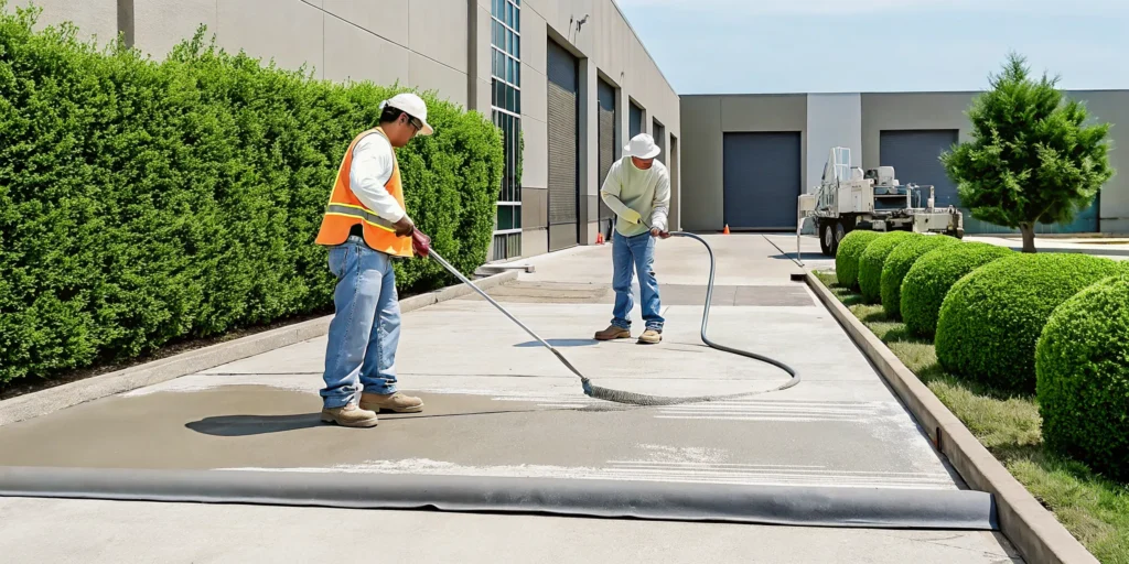 Commercial concrete leveling crew repairing a warehouse loading dock