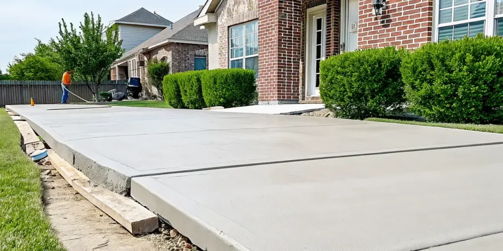 Freshly sealed concrete driveway joint at a North Texas home