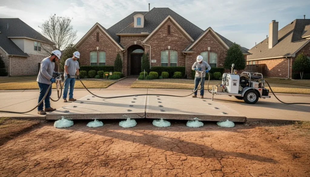 Concrete lifting foam repair on a sunken driveway slab