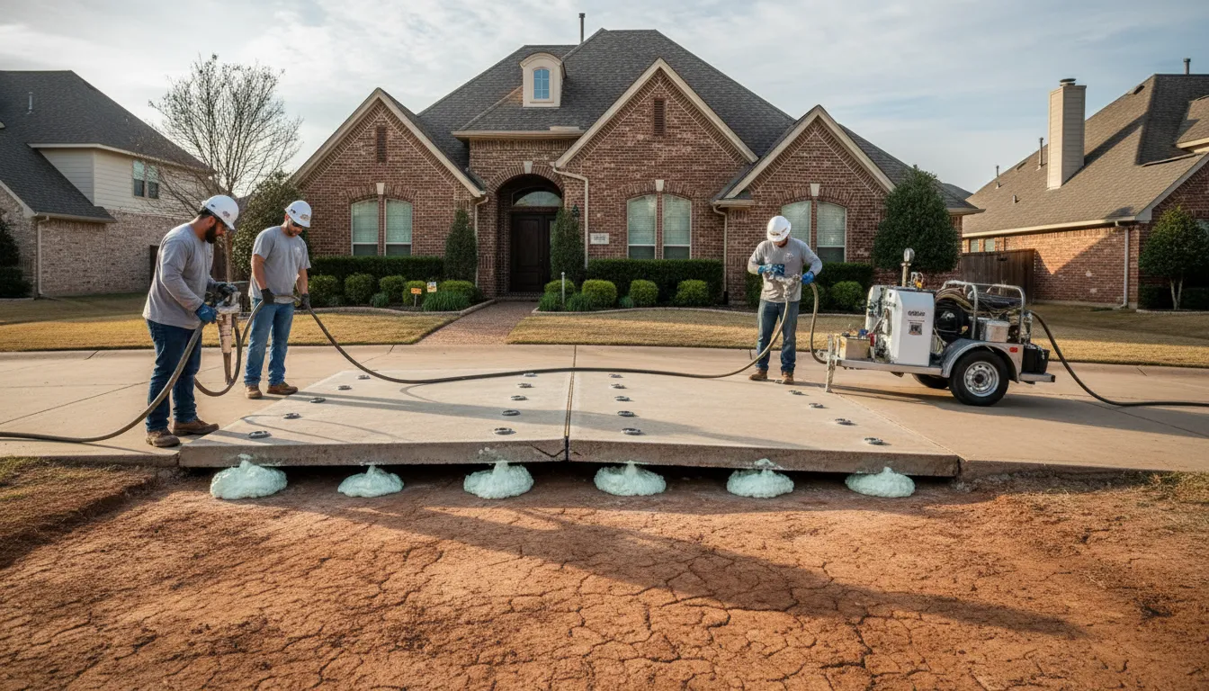 Concrete lifting foam repair on a sunken driveway slab