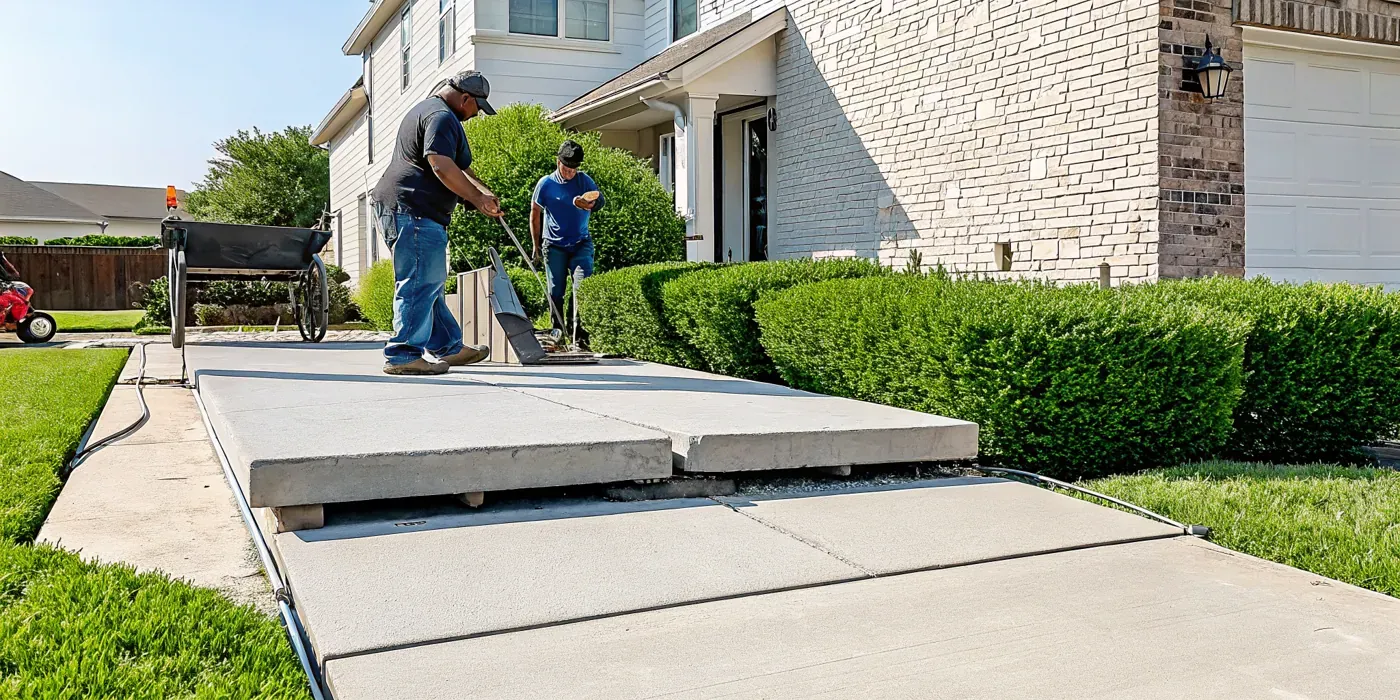Driveway leveling crew repairing a sunken concrete slab in Dallas-Fort Worth