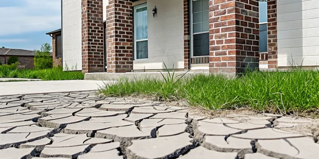 North Texas home with dry cracked clay soil near foundation